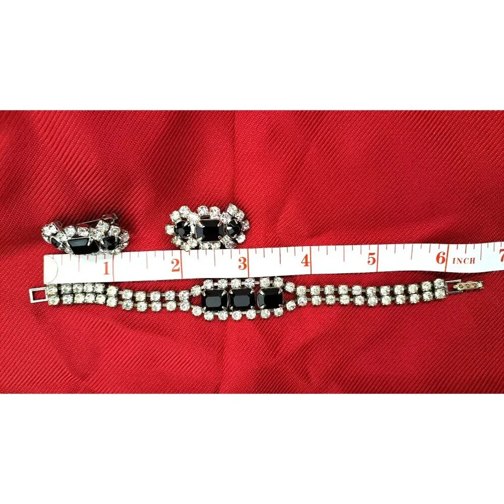 Vintage Clear Black Rhinestone Bracelet Clip-On Earrings Set Emerald Cut Costume - Picture 6 of 6